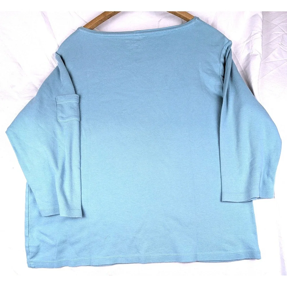Coldwater Creek Womens L Light Blue Cotton Boat Neck 3/4 Sleeve Top Arm Pocket